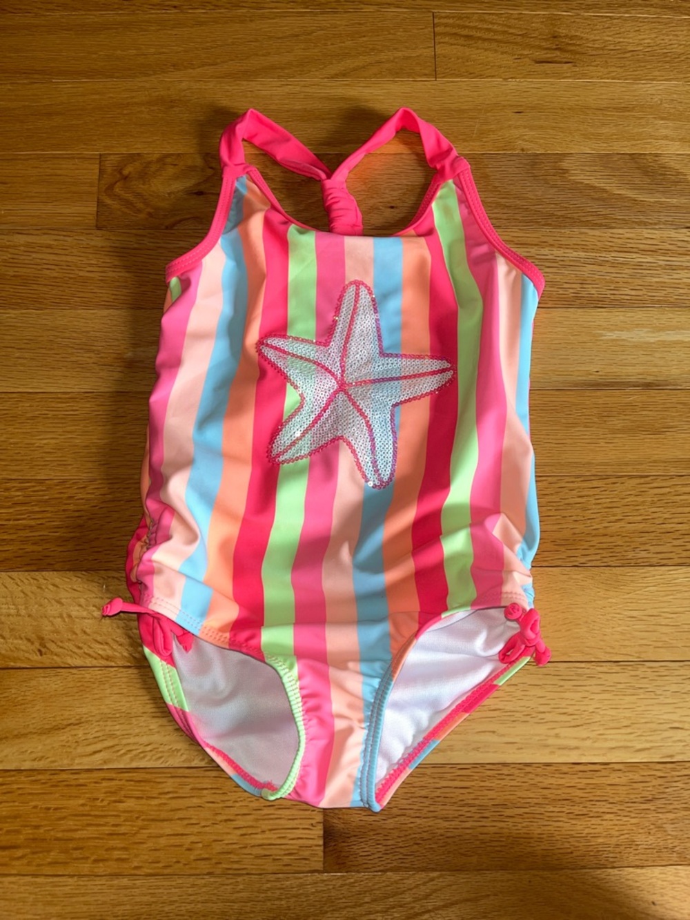 Girls' Pink Striped Starfish Sequin One-Piece Swimsuit